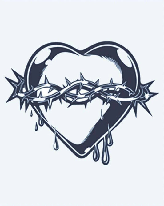Sacred Heart & Thorns semi-permanent tattoo design by INKON – sacred, heart, wrapped, crown, thorns illustration, 2 x 2 in (5x5cm), available at inkon.co