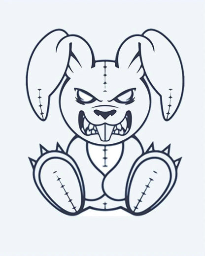 Evil Bunny semi-permanent tattoo design by INKON – creepy, stitched, bunny, plush, menacing illustration, 2 x 2 in (5x5cm), available at inkon.co