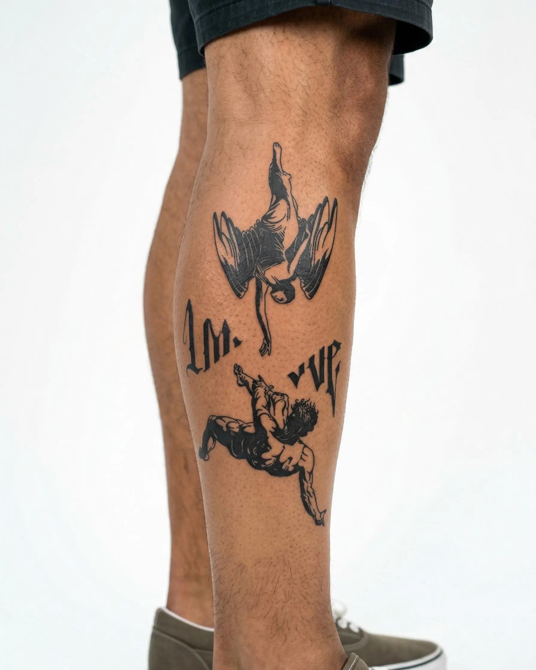 INKON Fallen Angels & Lettering semi-permanent tattoo applied on a man – 4 x 8 in (11x21cm) design, realistic ink look, lasts 10 days