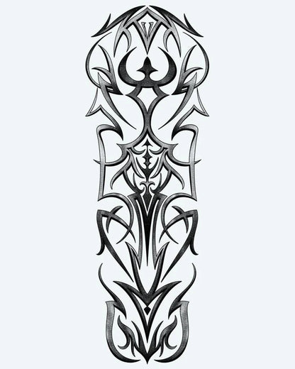 Gothic Tribal Symmetry semi-permanent tattoo design by INKON – symmetrical, gothic, tribal, sharp, interlocking illustration, 8 x 20 in (20x50cm), available at inkon.co