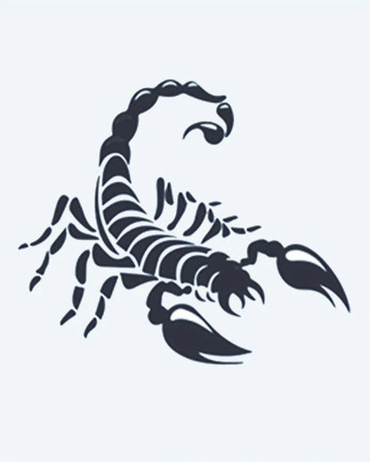Scorpion semi-permanent tattoo design by INKON – scorpion, segmented, pincers, curled, stinger illustration, 2 x 2 in (5x5cm), available at inkon.co