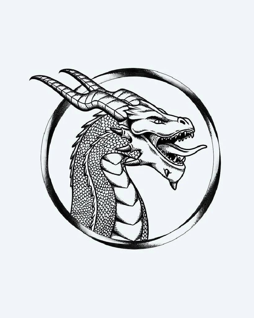 Horned Dragon Portrait semi-permanent tattoo design by INKON – illustrative, blackwork, horned, dragon, framed illustration, 4 x 4 in (9x9cm), available at inkon.co