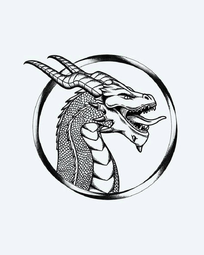 Horned Dragon Portrait semi-permanent tattoo design by INKON – illustrative, blackwork, horned, dragon, framed illustration, 4 x 4 in (9x9cm), available at inkon.co