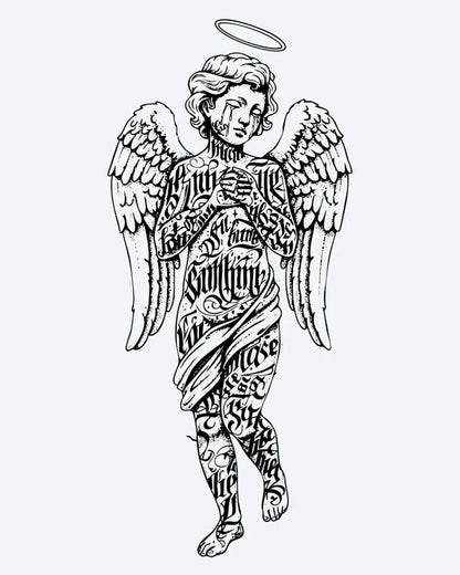 Lettered Angel semi-permanent tattoo design by INKON – winged, angel, figure, halo, covered illustration, 4 x 7 in (10x17cm), available at inkon.co