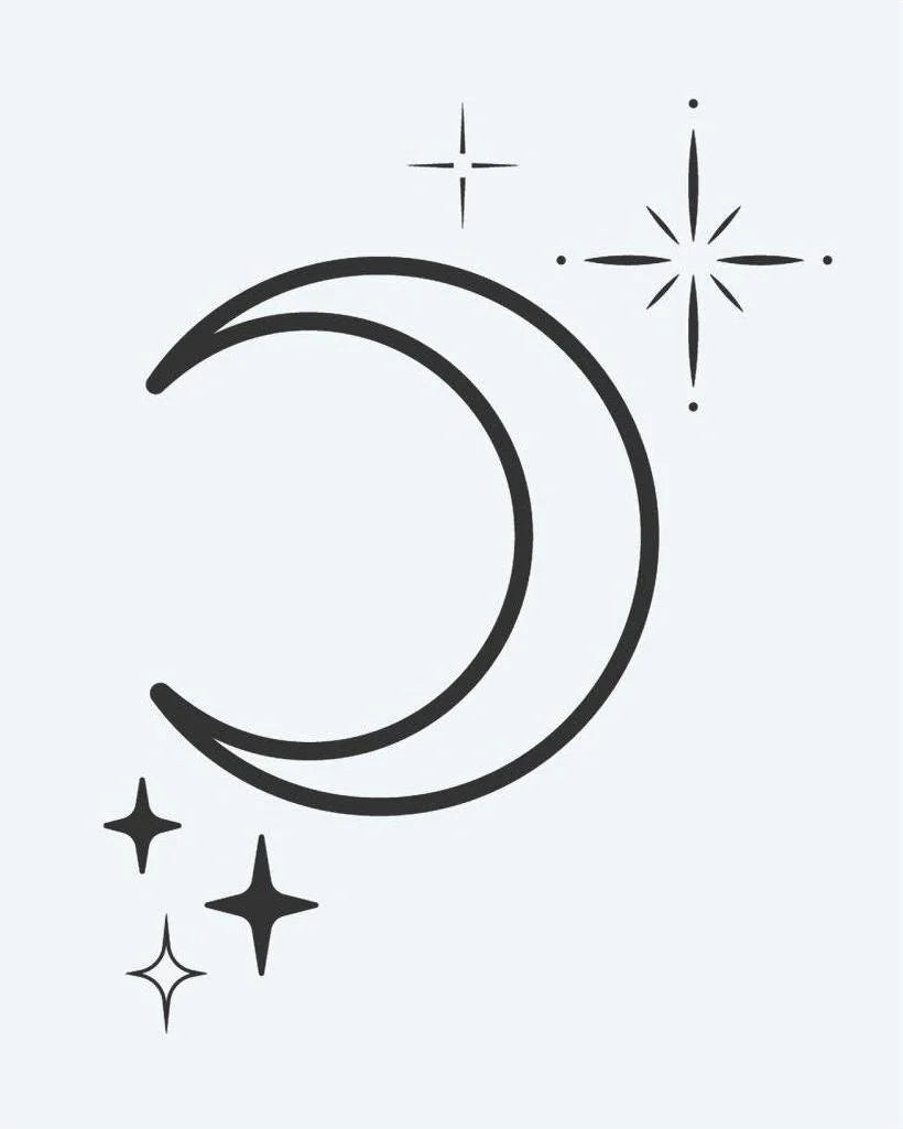 Crescent Moon & Stars semi-permanent tattoo design by INKON – crescent, moon, twinkling, stars, sparkle illustration, 2 x 2 in (5x5cm), available at inkon.co