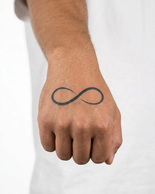 INKON Infinity Symbol semi-permanent tattoo applied on a man – 2 x 2 in (5x5cm) design, realistic ink look, lasts 10 days