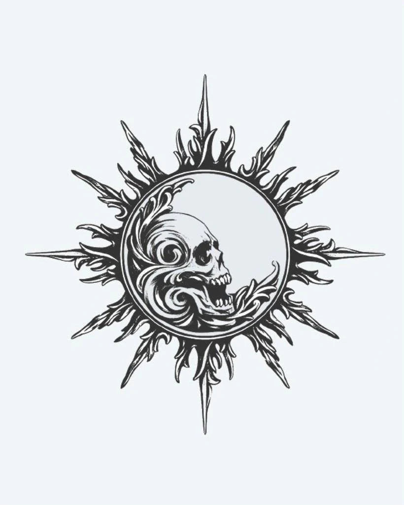 Skull Sun & Moon semi-permanent tattoo design by INKON – ornate, radiating, flame, rays, containing illustration, 4 x 4 in (9x9cm), available at inkon.co