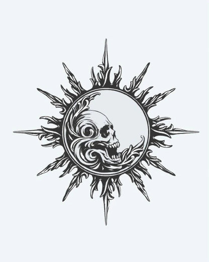 Skull Sun & Moon semi-permanent tattoo design by INKON – ornate, radiating, flame, rays, containing illustration, 4 x 4 in (9x9cm), available at inkon.co