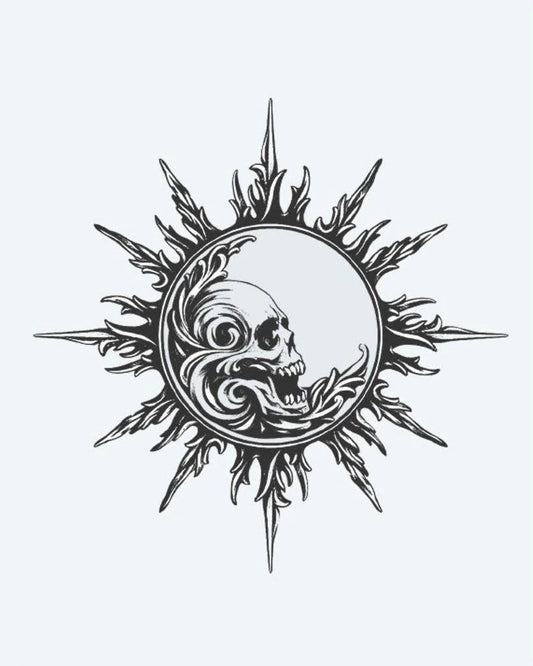 Skull Sun & Moon semi-permanent tattoo design by INKON – ornate, radiating, flame, rays, containing illustration, 4 x 4 in (9x9cm), available at inkon.co