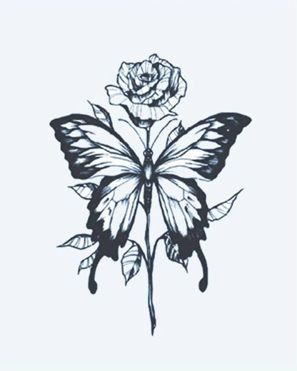 Rose & Butterfly semi-permanent tattoo design by INKON – delicate, combining, rose, bloom, butterfly illustration, 3 x 4 in (6x11cm), available at inkon.co