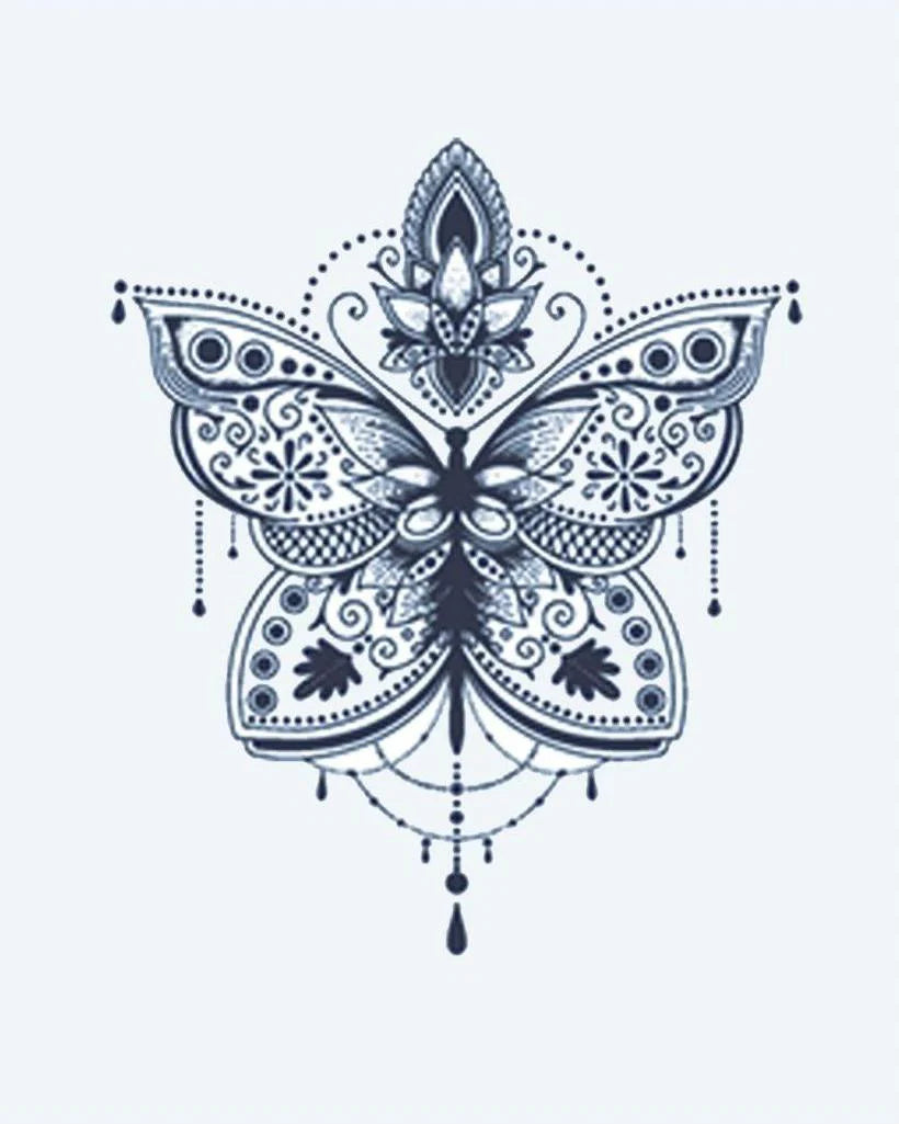 Ornamental Butterfly semi-permanent tattoo design by INKON – mandala, butterfly, lotus, flower, accents illustration, 2 x 2 in (5x5cm), available at inkon.co