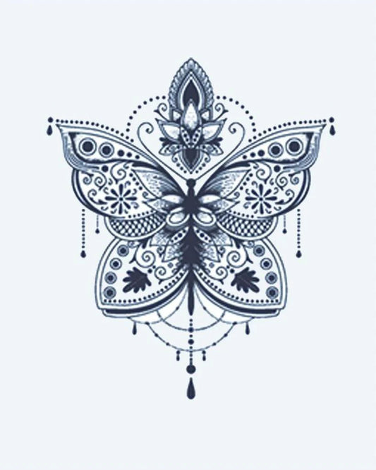Ornamental Butterfly semi-permanent tattoo design by INKON – mandala, butterfly, lotus, flower, accents illustration, 2 x 2 in (5x5cm), available at inkon.co