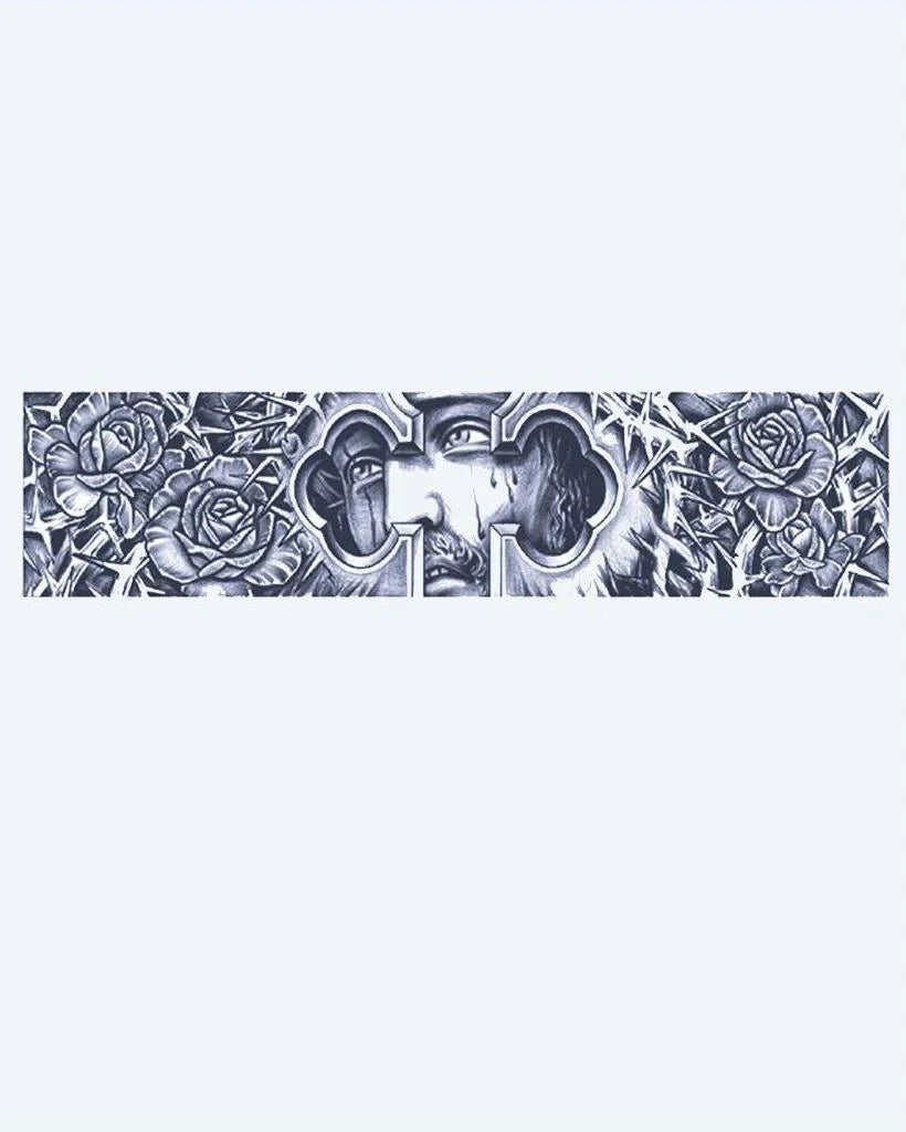 Cross, Roses & Eyes semi-permanent tattoo design by INKON – band, gothic, cross, revealing, eyes illustration, 2 x 9 in (5x23cm), available at inkon.co