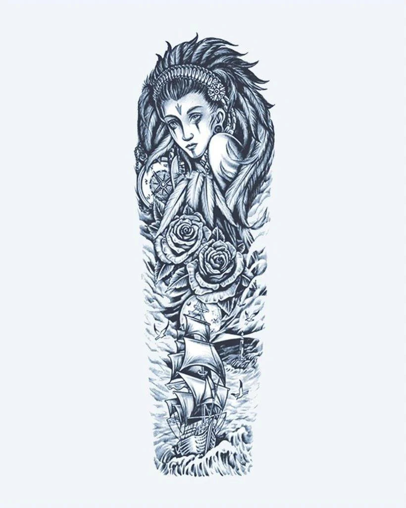 Sea Goddess & Sailing Ship semi-permanent tattoo design by INKON – enchanting, full, sleeve, goddess, roses illustration, 8 x 20 in (20x50cm), available at inkon.co
