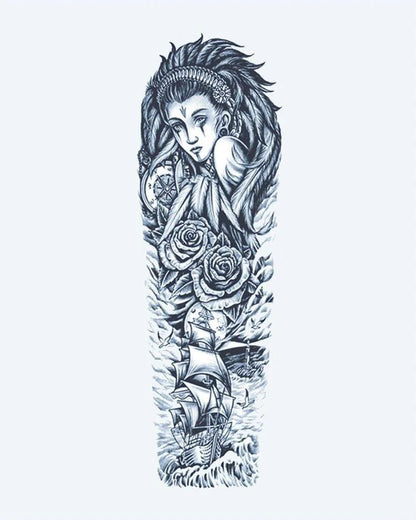 Sea Goddess & Sailing Ship semi-permanent tattoo design by INKON – enchanting, full, sleeve, goddess, roses illustration, 8 x 20 in (20x50cm), available at inkon.co