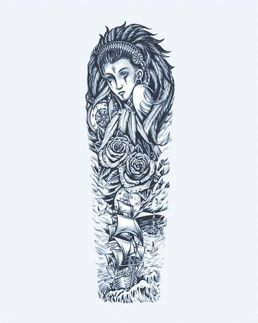 Sea Goddess & Sailing Ship semi-permanent tattoo design by INKON – enchanting, full, sleeve, goddess, roses illustration, 8 x 20 in (20x50cm), available at inkon.co
