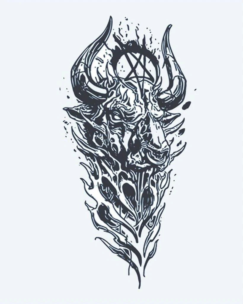Demon Skull semi-permanent tattoo design by INKON – horned, demon, skull, engulfed, flames illustration, 4 x 7 in (10x17cm), available at inkon.co