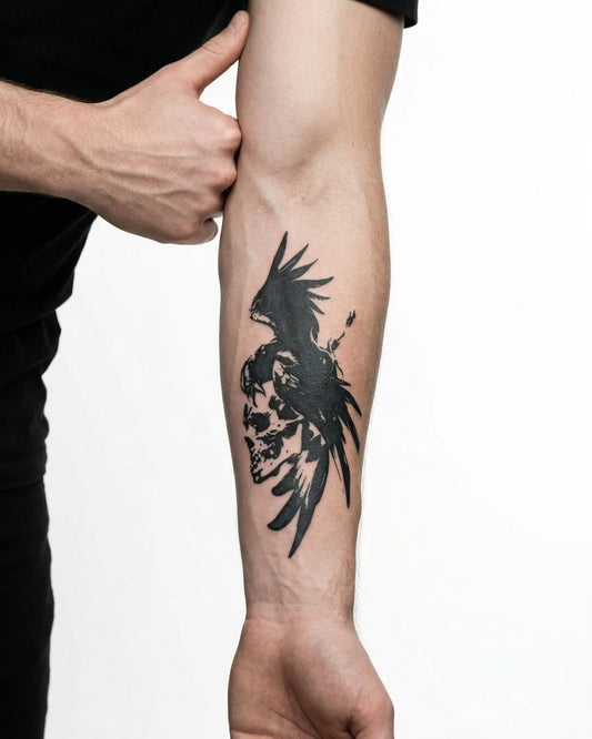 INKON Crow & Skull semi-permanent tattoo applied on a man – 4 x 7 in (10x17cm) design, realistic ink look, lasts 10 days