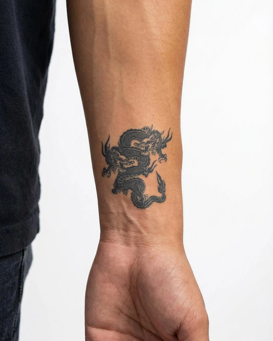 INKON Twin Dragons semi-permanent tattoo applied on a man – 2 x 2 in (5x5cm) design, realistic ink look, lasts 10 days
