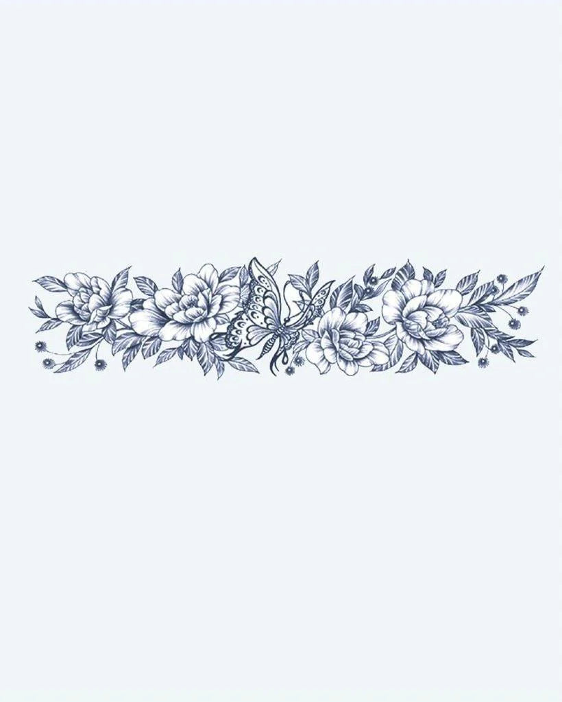 Butterfly & Peony Band semi-permanent tattoo design by INKON – delicate, floral, armband, peonies, wildflowers illustration, 2 x 9 in (5x23cm), available at inkon.co