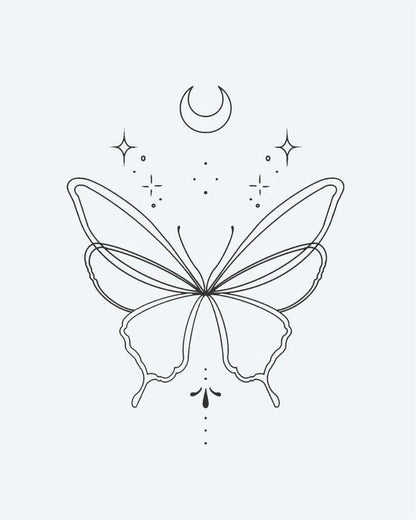 Celestial Butterfly semi-permanent tattoo design by INKON – graceful, butterfly, crescent, moon, stars illustration, 2 x 2 in (5x5cm), available at inkon.co