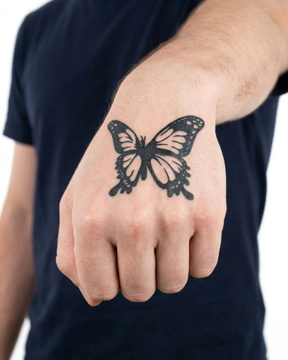 INKON Monarch Butterfly semi-permanent tattoo applied on a man – 2 x 2 in (5x5cm) design, realistic ink look, lasts 10 days