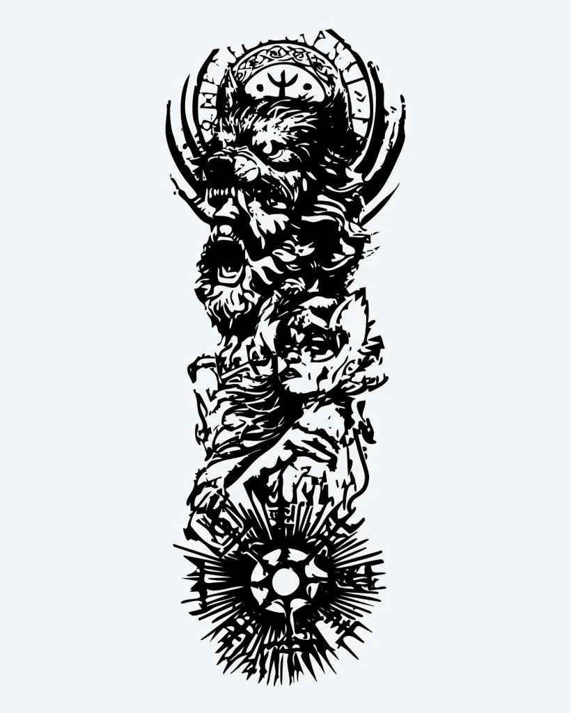 Viking Warrior Sleeve semi-permanent tattoo design by INKON – epic, norse, full, sleeve, viking illustration, 8 x 20 in (20x50cm), available at inkon.co