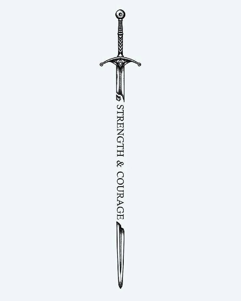 Broken Sword, Enduring Will semi-permanent tattoo design by INKON – illustrative, blackwork, details, fragmented, sword illustration, 8 x 20 in (20x50cm), available at inkon.co