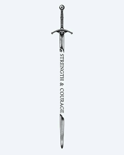 Broken Sword, Enduring Will semi-permanent tattoo design by INKON – illustrative, blackwork, details, fragmented, sword illustration, 8 x 20 in (20x50cm), available at inkon.co