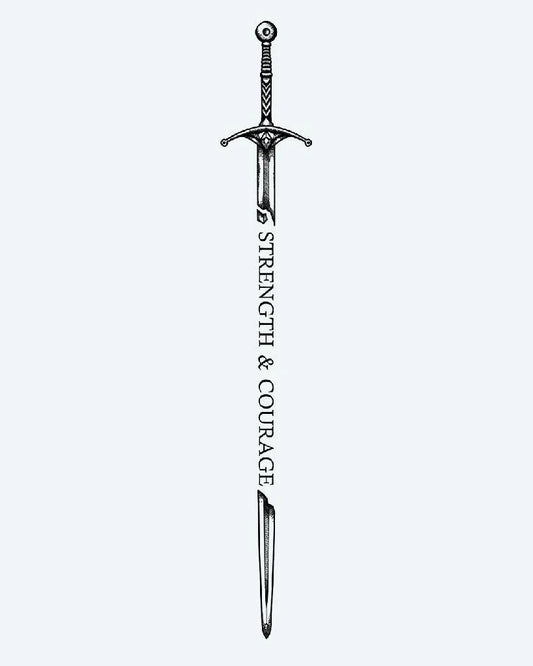 Broken Sword, Enduring Will semi-permanent tattoo design by INKON – illustrative, blackwork, details, fragmented, sword illustration, 8 x 20 in (20x50cm), available at inkon.co