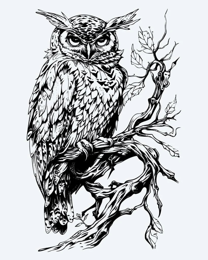 Owl on Branch semi-permanent tattoo design by INKON – highly, perched, gnarled, tree, branch illustration, 4 x 7 in (10x17cm), available at inkon.co