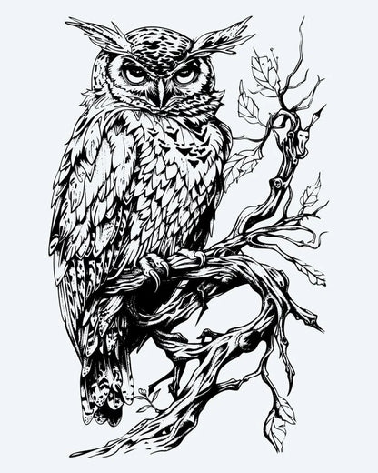 Owl on Branch semi-permanent tattoo design by INKON – highly, perched, gnarled, tree, branch illustration, 4 x 7 in (10x17cm), available at inkon.co