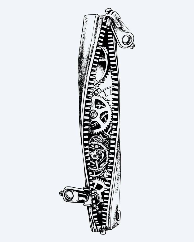 Steampunk Gears Band semi-permanent tattoo design by INKON – steampunk, mechanical, gears, cogs, horizontal illustration, 4 x 8 in (11x21cm), available at inkon.co