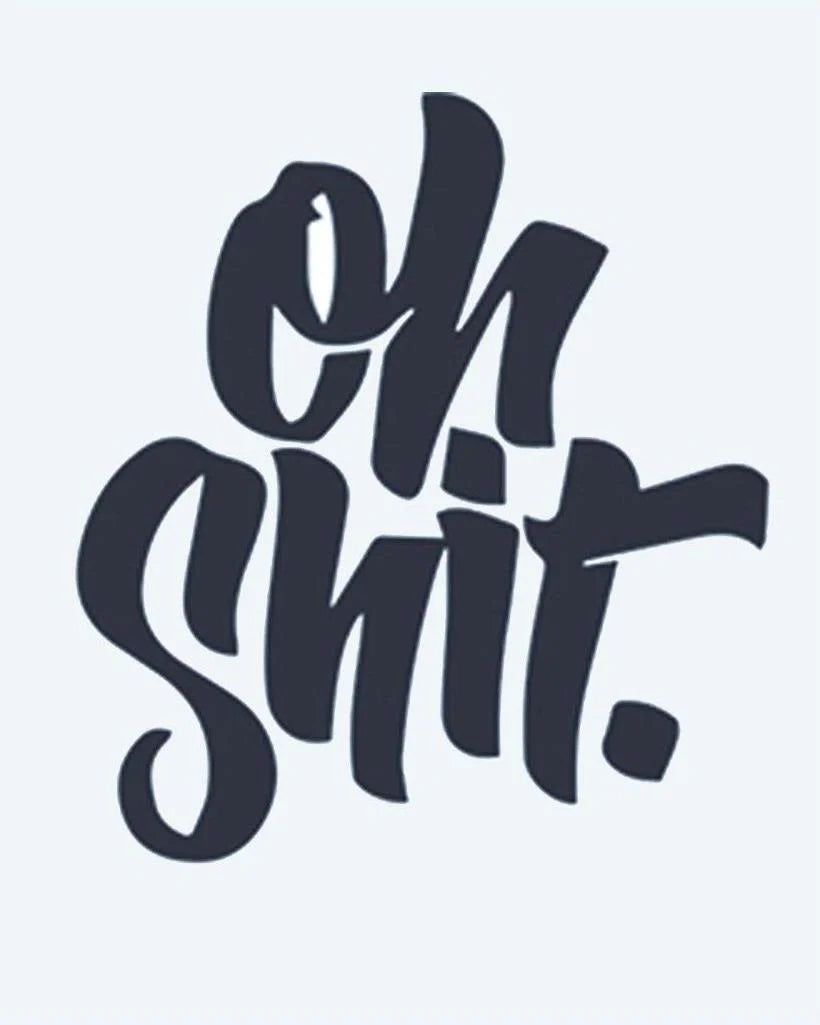 Oh Shit Lettering semi-permanent tattoo design by INKON – expressive, calligraphy, cheeky, attitude, thick illustration, 2 x 2 in (5x5cm), available at inkon.co