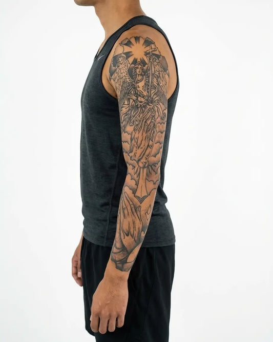 INKON Angel & Praying Hands Sleeve semi-permanent tattoo applied on a man – 8 x 20 in (20x50cm) design, realistic ink look, lasts 10 days