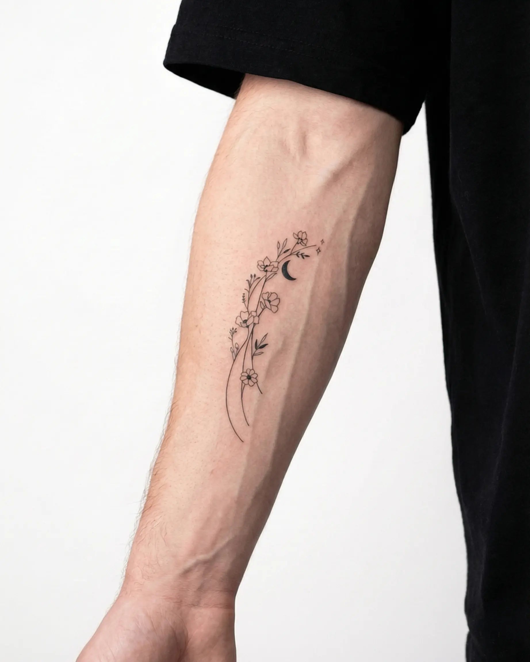 INKON Floral Moon Vine semi-permanent tattoo applied on a man – 3 x 4 in (6x11cm) design, realistic ink look, lasts 10 days
