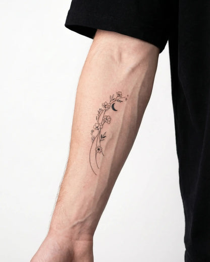 INKON Floral Moon Vine semi-permanent tattoo applied on a man – 3 x 4 in (6x11cm) design, realistic ink look, lasts 10 days