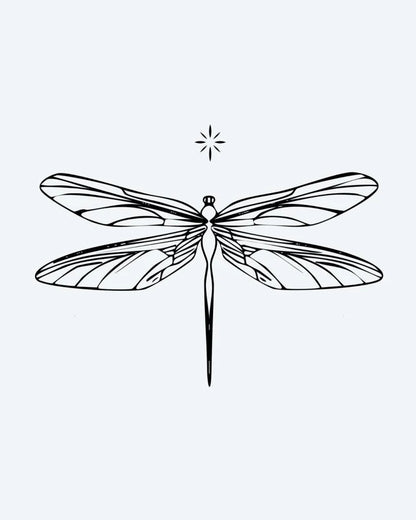 Dragonfly semi-permanent tattoo design by INKON – dragonfly, wing, patterns, small, star illustration, 2 x 2 in (5x5cm), available at inkon.co