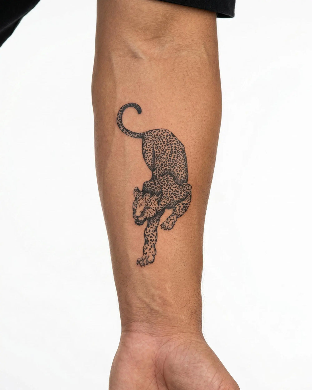 INKON Prowling Leopard semi-permanent tattoo applied on a man – 4 x 4 in (9x9cm) design, realistic ink look, lasts 10 days