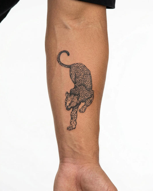 INKON Prowling Leopard semi-permanent tattoo applied on a man – 4 x 4 in (9x9cm) design, realistic ink look, lasts 10 days