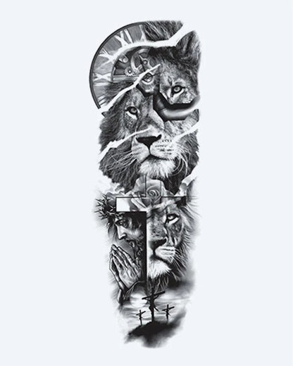 Lion, Cross & Praying Hands semi-permanent tattoo design by INKON – faith, full, sleeve, lions, cross illustration, 8 x 20 in (20x50cm), available at inkon.co