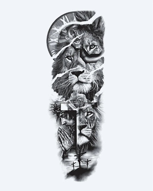 Lion, Cross & Praying Hands semi-permanent tattoo design by INKON – faith, full, sleeve, lions, cross illustration, 8 x 20 in (20x50cm), available at inkon.co