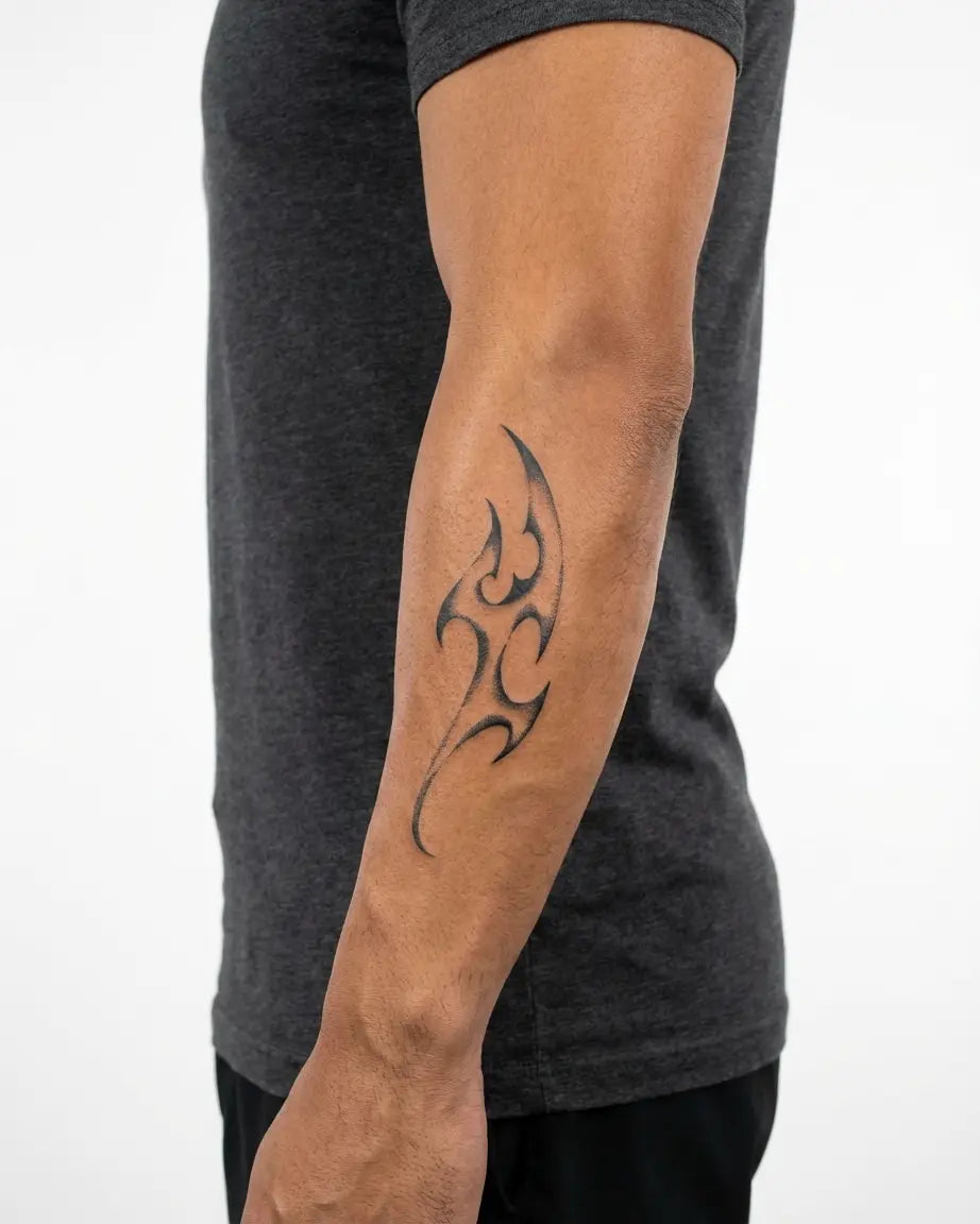 INKON Neo-Tribal Flame semi-permanent tattoo applied on a man – 4 x 7 in (10x17cm) design, realistic ink look, lasts 10 days