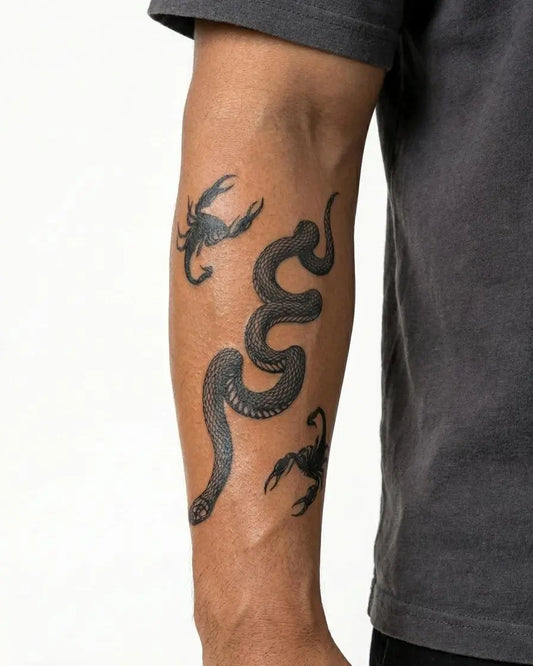 INKON Snake & Scorpions semi-permanent tattoo applied on a man – 4 x 7 in (10x17cm) design, realistic ink look, lasts 10 days