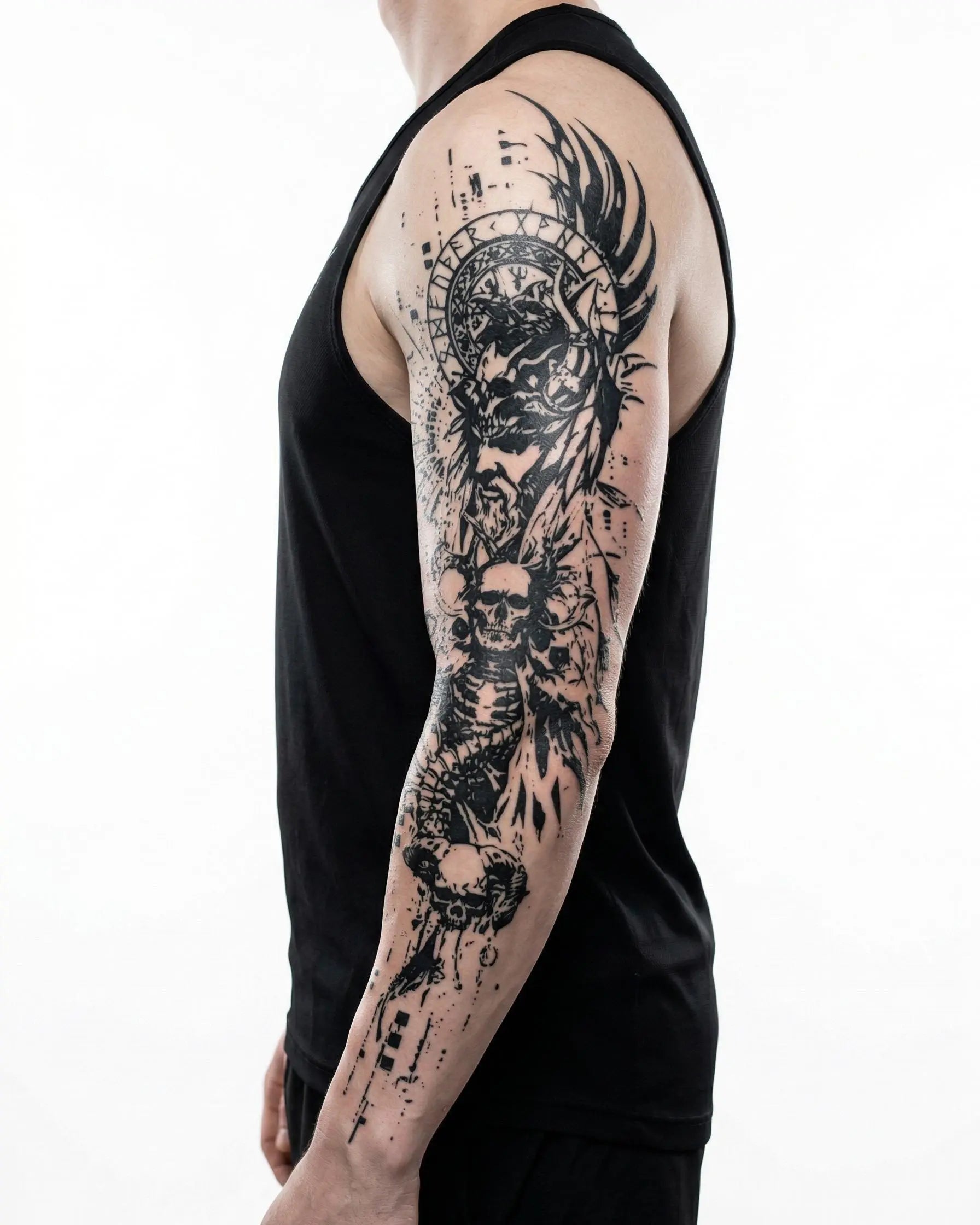 INKON Dark Angel & Skull Totem semi-permanent tattoo applied on a man – 8 x 20 in (20x50cm) design, realistic ink look, lasts 10 days