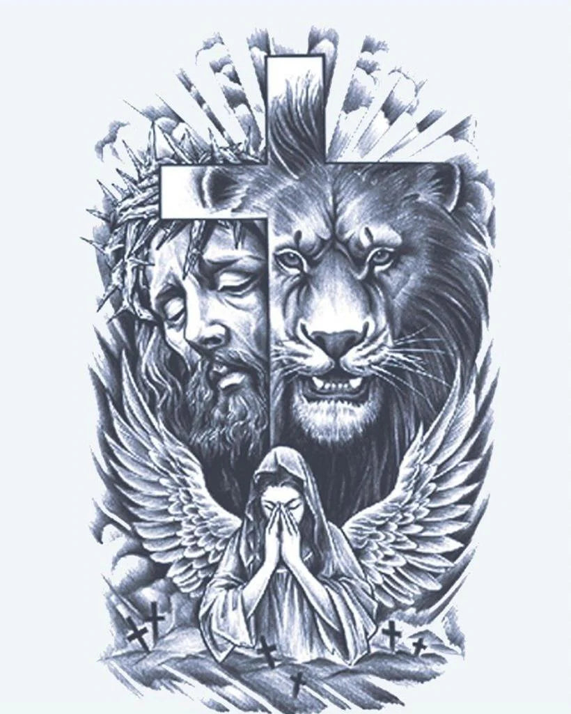 Faith: Lion, Cross & Angel semi-permanent tattoo design by INKON – split, composition, spiritual, figure, lion illustration, 4 x 7 in (10x17cm), available at inkon.co