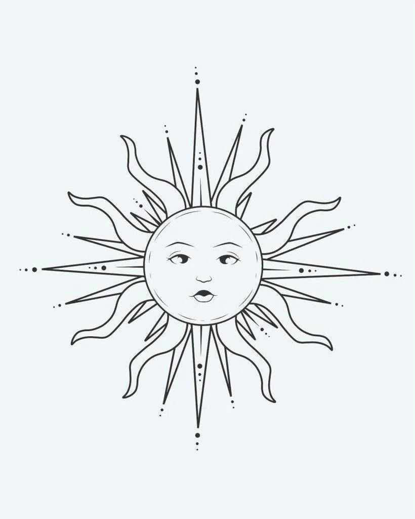Celestial Sun Face 2 semi-permanent tattoo design by INKON – ornate, serene, human, face, wavy illustration, 2 x 2 in (5x5cm), available at inkon.co