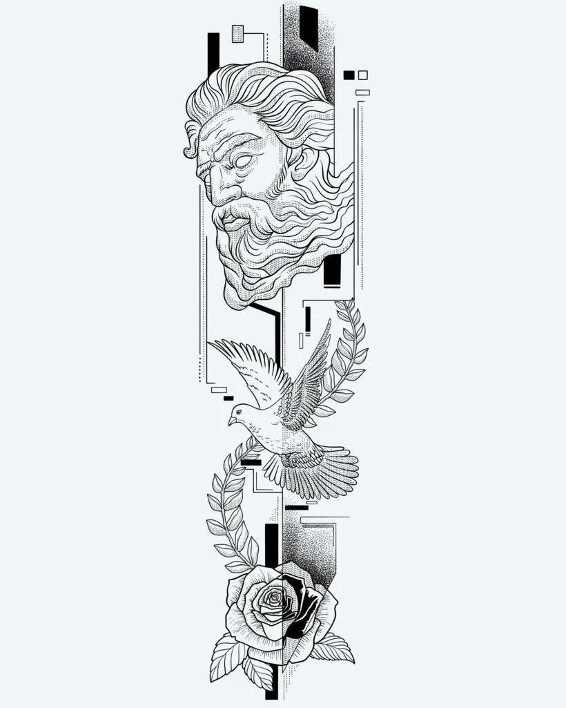 Greek God, Dove & Rose semi-permanent tattoo design by INKON – neoclassical, combining, greek, bust, soaring illustration, 8 x 20 in (20x50cm), available at inkon.co