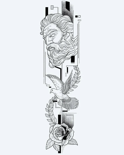 Greek God, Dove & Rose semi-permanent tattoo design by INKON – neoclassical, combining, greek, bust, soaring illustration, 8 x 20 in (20x50cm), available at inkon.co