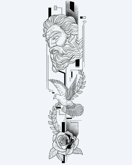 Greek God, Dove & Rose semi-permanent tattoo design by INKON – neoclassical, combining, greek, bust, soaring illustration, 8 x 20 in (20x50cm), available at inkon.co
